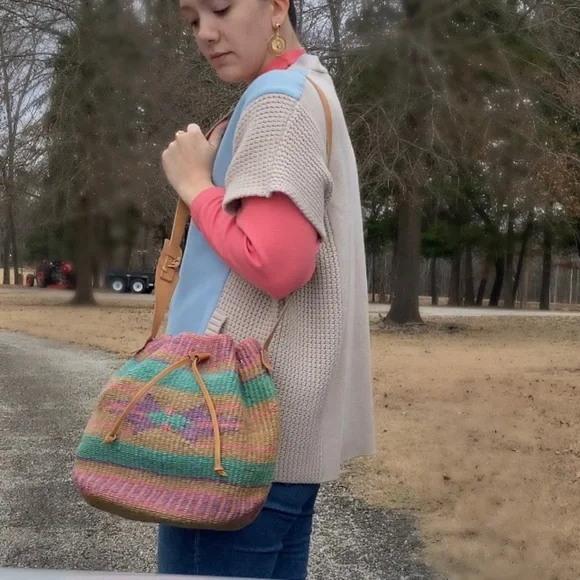 Vintage 70s Pastel Woven Kilim Bucket Bag